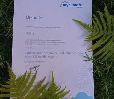 myclimate Urkunde zur Bestätigung der Klimaneutralität von FlyFire